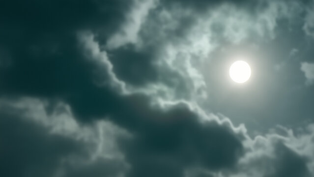 Bright sun glowing through dark dramatic storm clouds, moody sky with soft blurred texture and silver lining contrast.