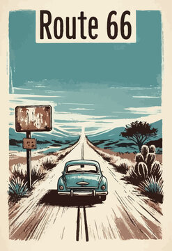 retro vintage poster of a route66 rough artistic wall art in vector