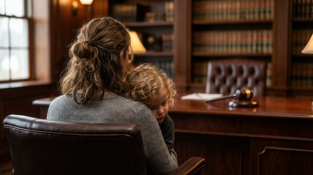 Young child accompanying mother seeking legal advice in a family law attorneys office regarding child protection matters and custody arrangements