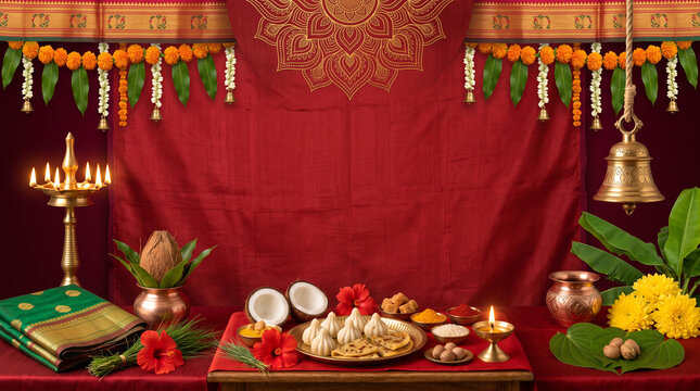 Traditional Maharashtrian Ganesh Chaturthi festive backdrop with red silk drapes, golden mandala, marigold garlands, brass lamps, modaks, coconut, durva grass and sacred puja offerings