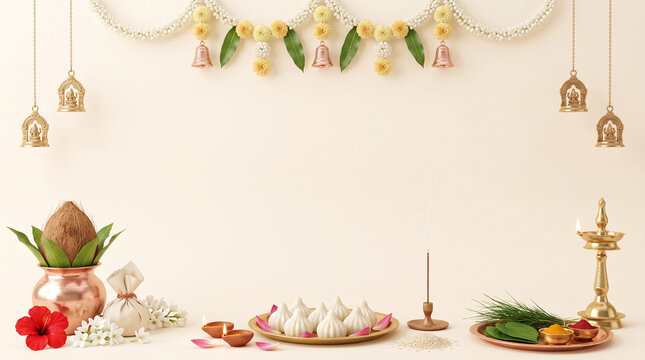 Traditional Indian Ganesh Chaturthi puja banner with elegant jasmine floral decorations, mango leaf toran, hanging temple bells, brass lamp, coconut kalash, ukadiche modaks and devotional offerings