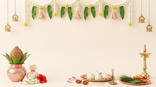 Premium Ganesh Chaturthi celebration background featuring white jasmine garlands, fresh mango leaves, golden bells, copper kalash, coconut, hibiscus flowers, modaks and traditional Indian puja element