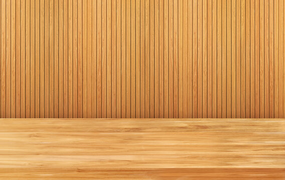Empty wooden table top with vertical wood lath wall background.