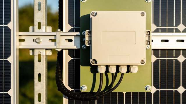 Electrical junction box on a solar module, macro shot