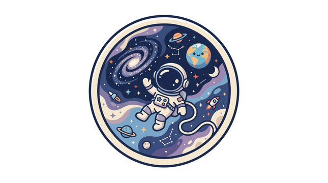 Circular astronaut logo in starry space background.