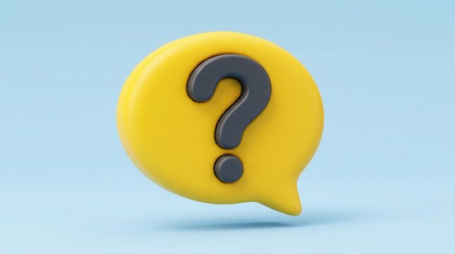 A simple way of showing the concept of asking for help, featuring a yellow speech bubble with a question mark on a light blue background.