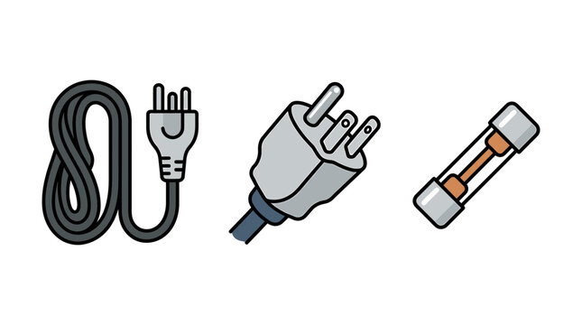 Vector illustration set of electrical plug, power cord, and glass fuse for hardware design