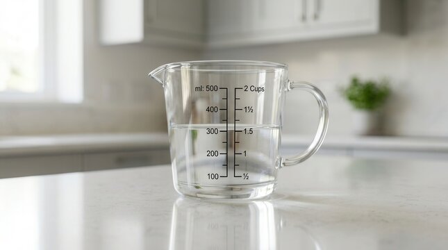 A glass measuring cup filled with water sitting on a clean kitchen counter