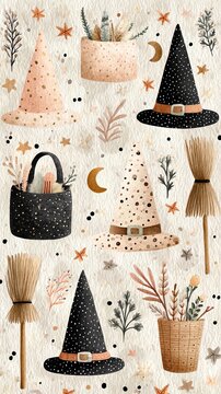 Whimsical witch hats and broomstick illustration.