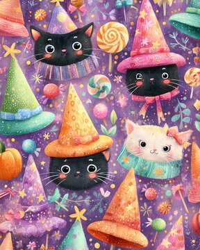 Whimsical cats in colorful party hats design.