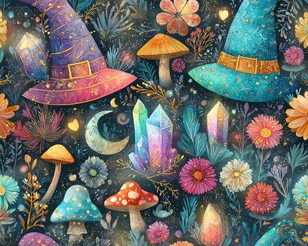 Whimsical magic hats with floral elements.