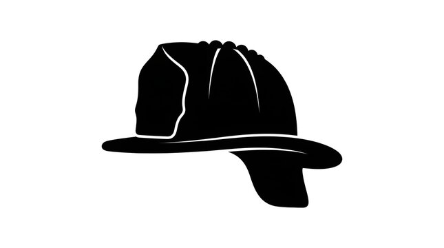 Black and white silhouette illustration of a classic firefighter helmet with a back brim. Perfect for rescue themes.