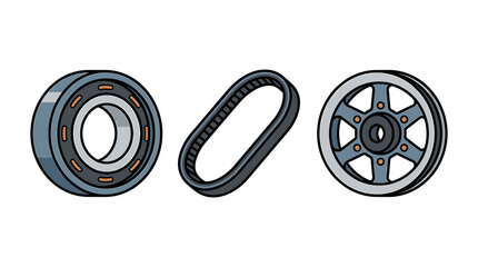 Obraz premium Vector illustration of mechanical ball bearing, drive belt, and pulley wheel for industrial engineering design