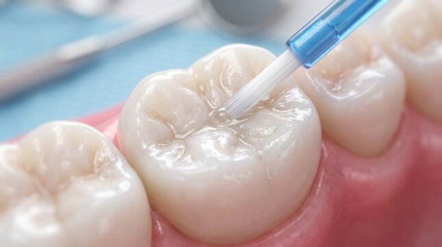 Closeup of a molar tooth during the dental sealant application process