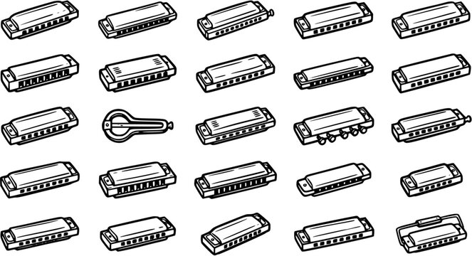 Music Instrument Line Art Vector Collection: Black and White Harmonicas and a Jaw Harp. Outline Doodle of Mouth Organs for Musical Hobbies and Entertainment.
