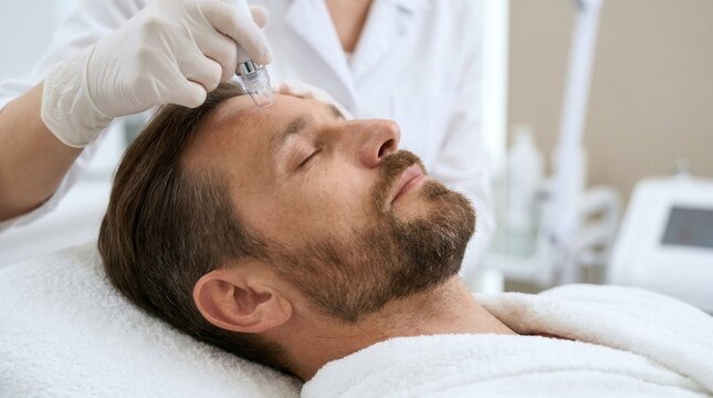 While lying on a treatment bed, a relaxed man receives a facial treatment from a skincare professional.