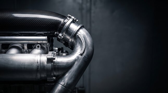 High performance car engine bay with carbon fiber intake and metal piping.
