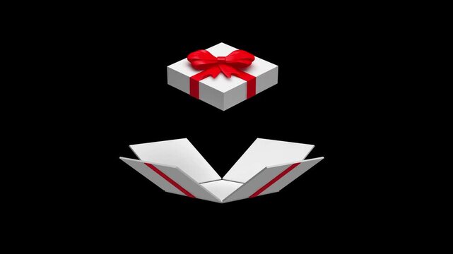 A white gift box tied with a red bow rises against a black background, creating a simple 3D animated gift-opening scene