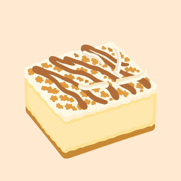 Illustration design of a slice of cream cake with a caramel drizzle.