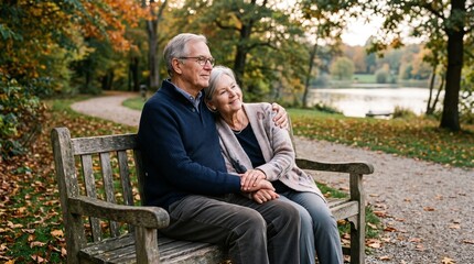 Fototapeta premium Elderly couple enjoying autumn park scenery sitting on a wooden bench holding hands and looking into the distance