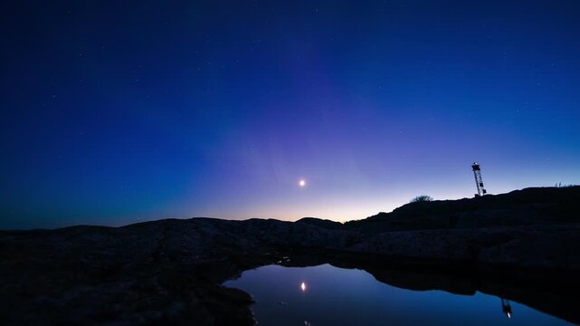 View of faint northern lights reflecting in a rock pool in the Helsinki archipelago in, Uusimaa, Finland. Timelapse.