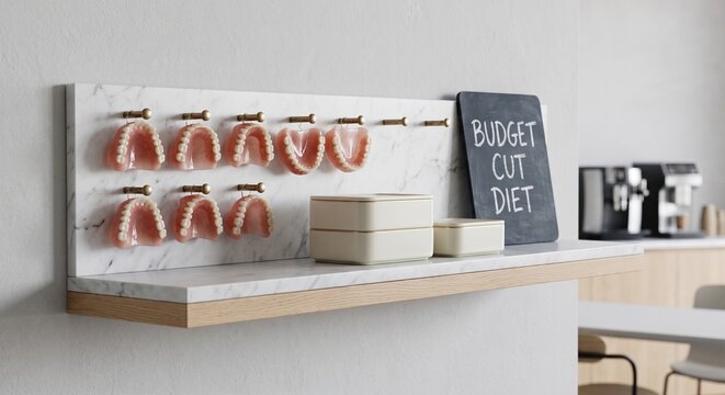 Vintage false teeth hanging on brass pegs beside empty bento boxes in an upscale office kitchen, symbolizing a &ldquo;BUDGET CUT DIET&rdquo;