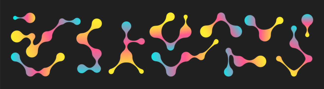 Connected metaball shape form abstract geometric pattern with flowing organic form and circular dot vector illustration set. Creating a modern tech concept innovative graphic design connection symbol.