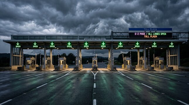 North valley toll plaza infrastructure with green overhead signals under dark storm skies.
