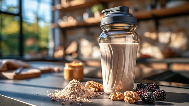 Photorealistic lifestyle food photograph of a sports shaker bottle filled with a creamy peanut butter protein shake, standing on the right side of a kitchen countertop, dark gray f
