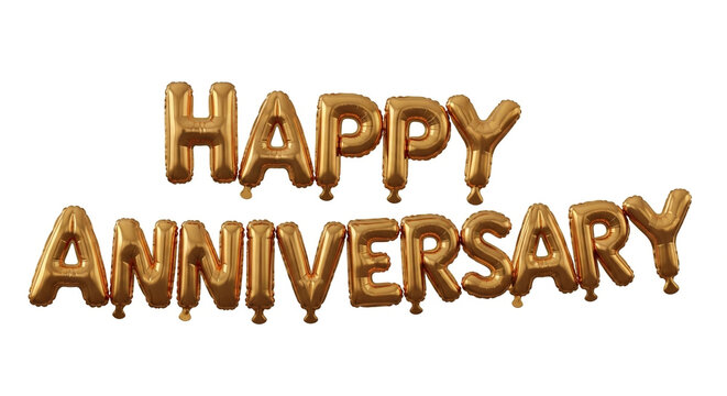 Happy Anniversary Balloon Letters, Gold Foil Text on White, Anniversary Wishes Decoration Set, Celebration Typography for Party Design, Shiny Metallic Font for Event Invitation