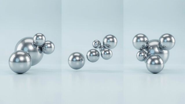 Three clusters of shiny metallic chrome spheres on a soft light blue background