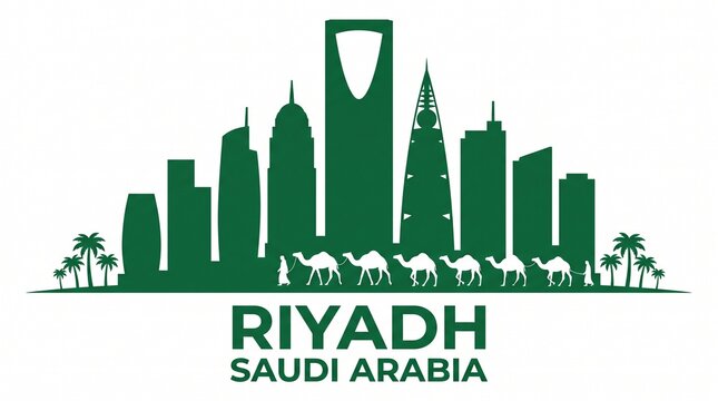 Riyadh city skyline banner design with camel caravan silhouette for Saudi Arabia national day celebration vector illustration