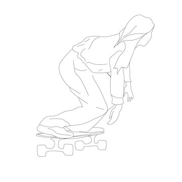 Vector line sketch of a girl longboarding