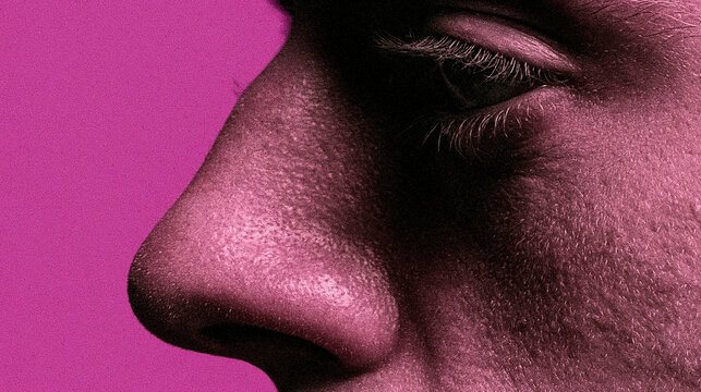 Extreme close-up of a thoughtful person mid-sentence, strict 90-degree side profile facing left, brow slightly furrowed, focused intense expression, smooth sculptural texture, bold