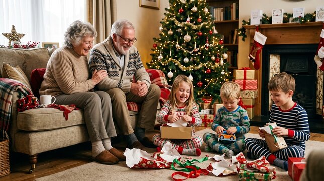 Happy multi-generational family opening Christmas presents by a decorated tree and fireplace