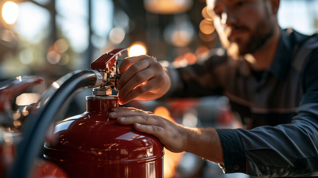 Sharp focus image of a staff member checking a wall-mounted fire extinguisher during a routine safety inspection, cropped composition with faces out of frame, safety training conce