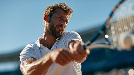 Naklejka premium Photorealistic young athletic man playing tennis outdoors, mid-swing hitting the ball with a tennis racket, dynamic action pose, wearing a simple white polo shirt, natural human sk