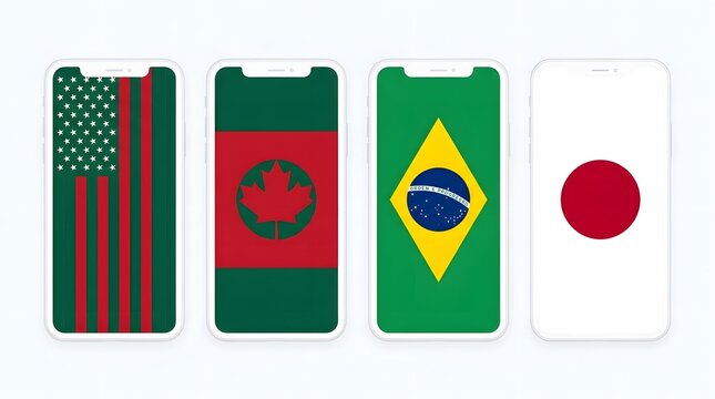 Four national flags displayed as smartphone screen mockups on a white background