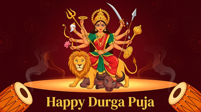 Durga puja navratri goddess riding lion over defeated buffalo demon with traditional weapons drums and decorative red festive cultural celebration festival background