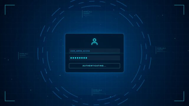 Glowing neon admin login screen interface with access granted message, perfect for cybersecurity videos, network defense and tech presentations