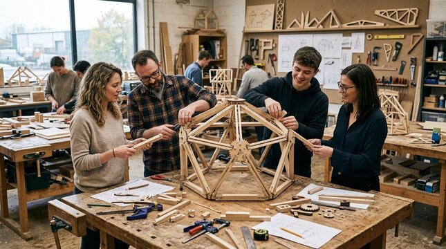 Diverse group of people building geodesic dome in workshop