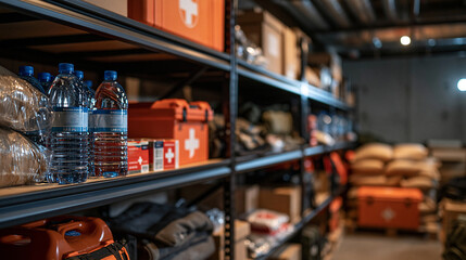 Photorealistic photograph of a civil defense supply room inside a shelter, shelves stocked with water containers, first aid kits, and blankets, cool concrete walls, dim emergency l © Anastasiia Havelia