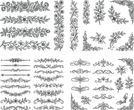 Floral dividers corner borders set rose vine flourishes ornamental elements vintage botanical engraving line art vector.