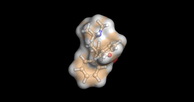 Methadone, synthetic long-acting drug for chronic pain management and opioid use disorder treatment, 3D molecule spinning, 4K