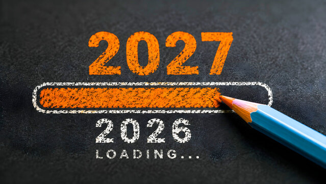 2026 Loading Progress Bar with Pencil on Blackboard, 2027 Future Year Concept, Orange Chalk Text, New Year Countdown Idea