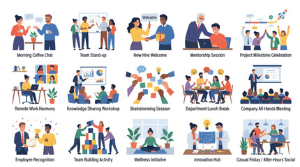 Fototapeta premium Flat Illustration: Business Team Collaborating, Celebrating Success, and Working Remotely