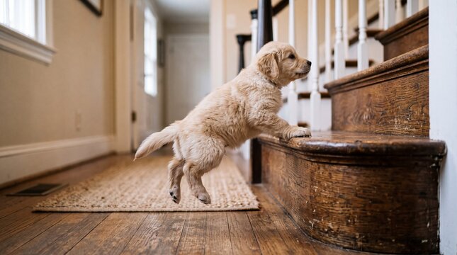 Golden Retriever Puppy Jumping Up Wooden Stairs at Home