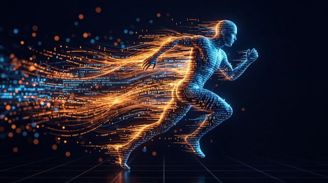 Digital Human Figure Running Made of Glowing Data