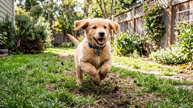 Golden Retriever Puppy Running Happily in Backyard Garden