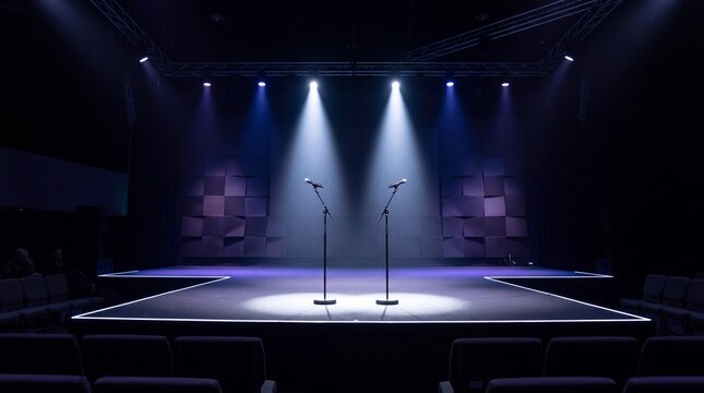 Empty Theater Stage with Microphones and Spotlights